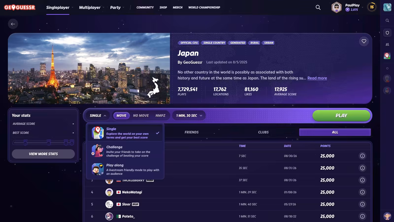 The GeoGuessr map page for Japan with its location count, plays and leaderboard