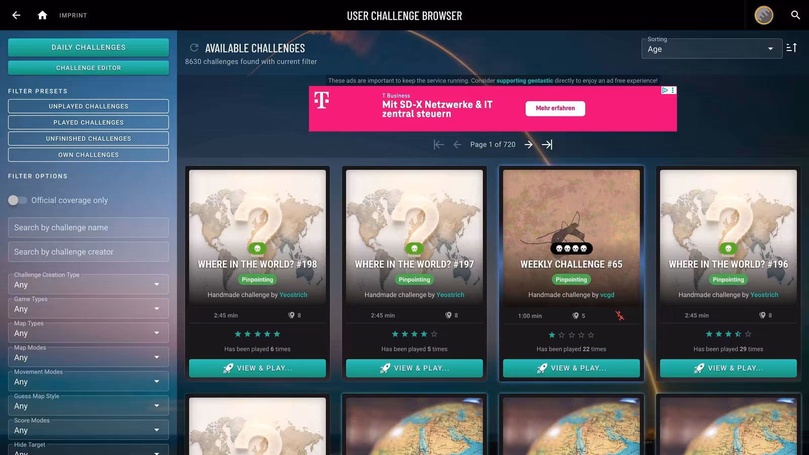 The Geotastic challenge browser with its filter options