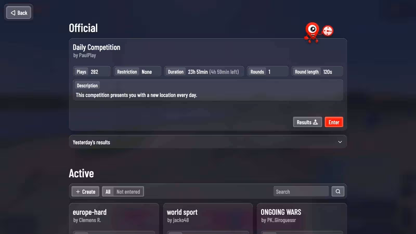 The OpenGuessr competitions screen with the daily competition and community competitions