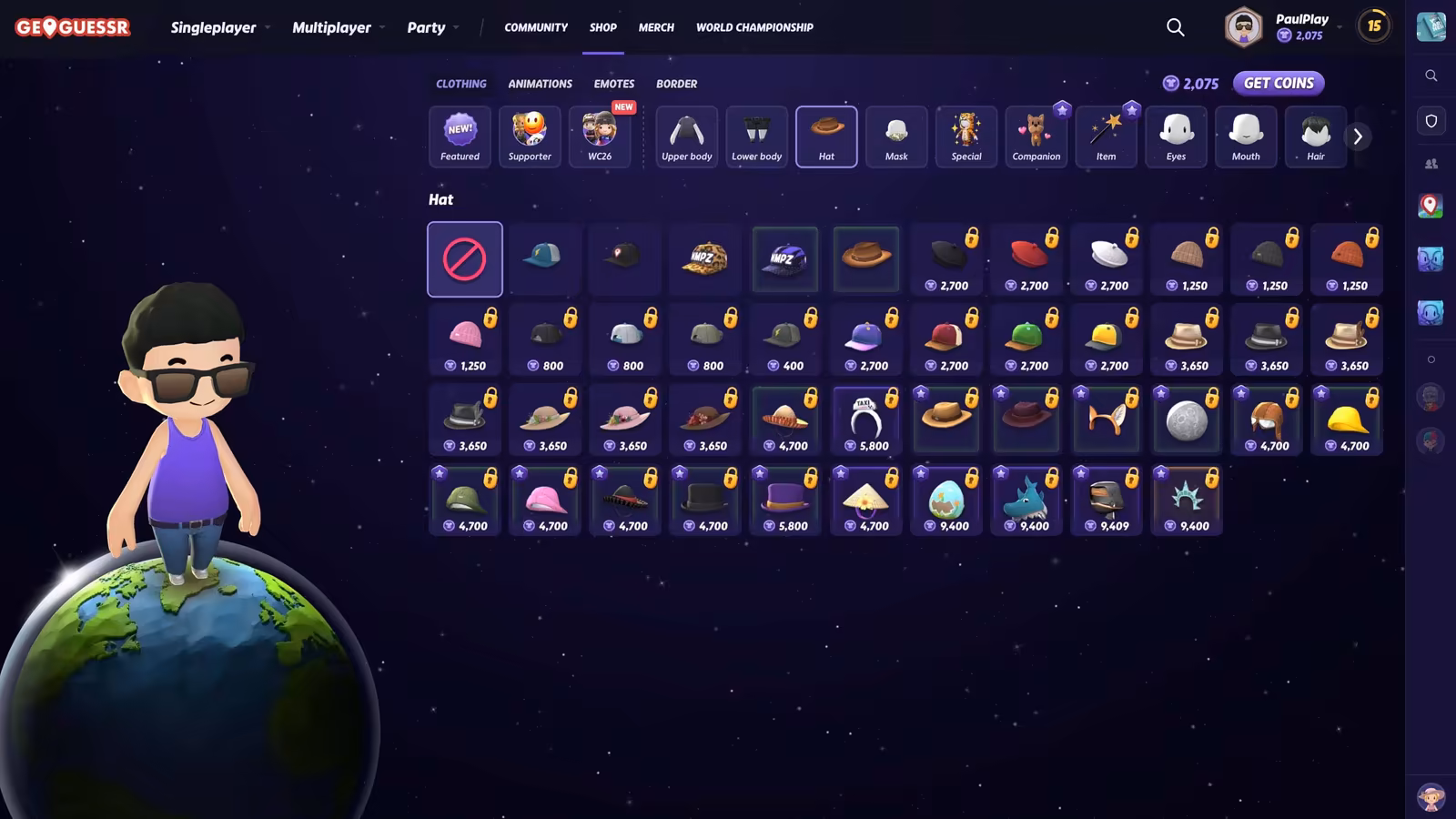 The GeoGuessr shop with avatar cosmetics priced in coins