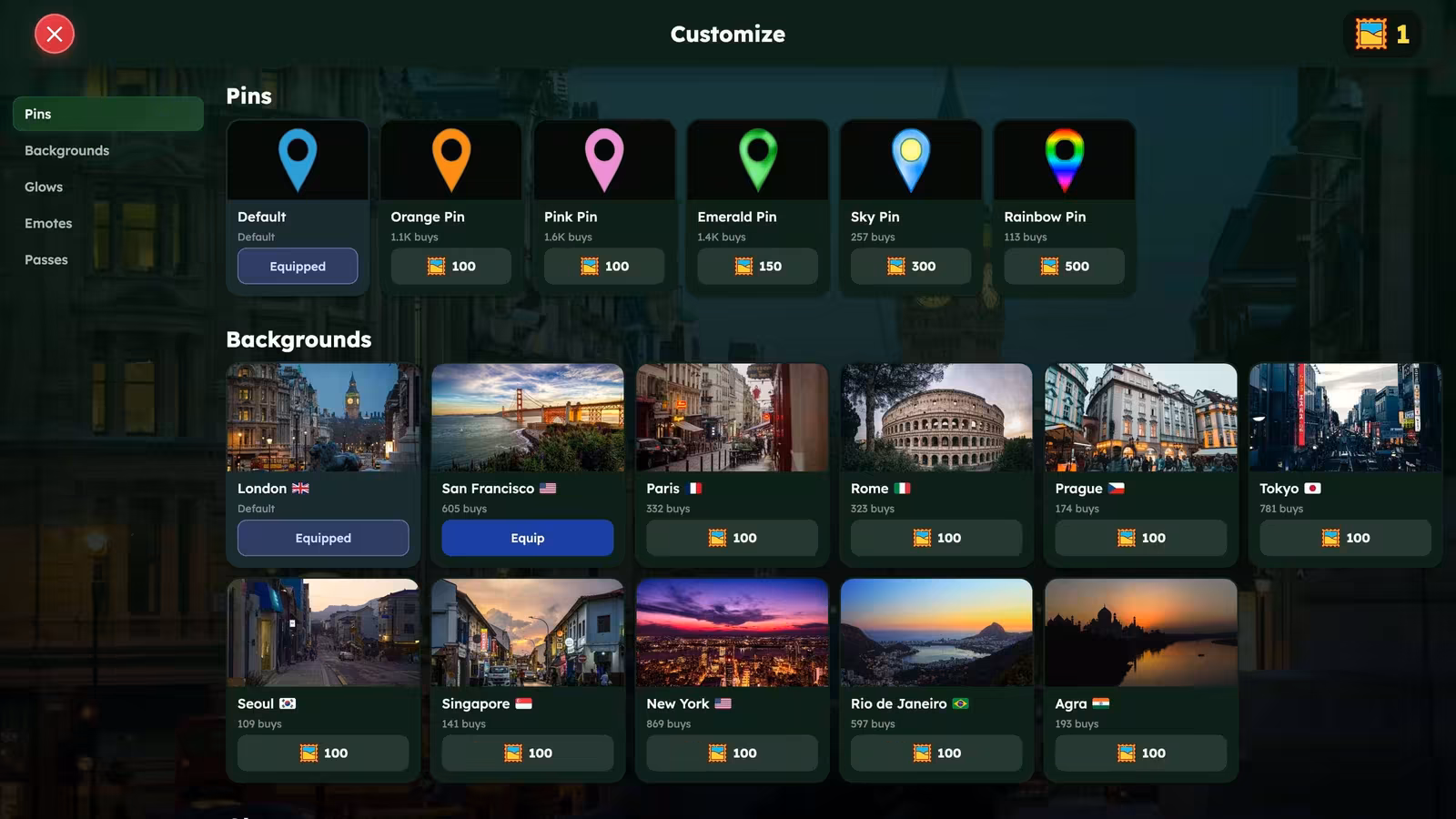 The WorldGuessr customize screen with pins and city backgrounds