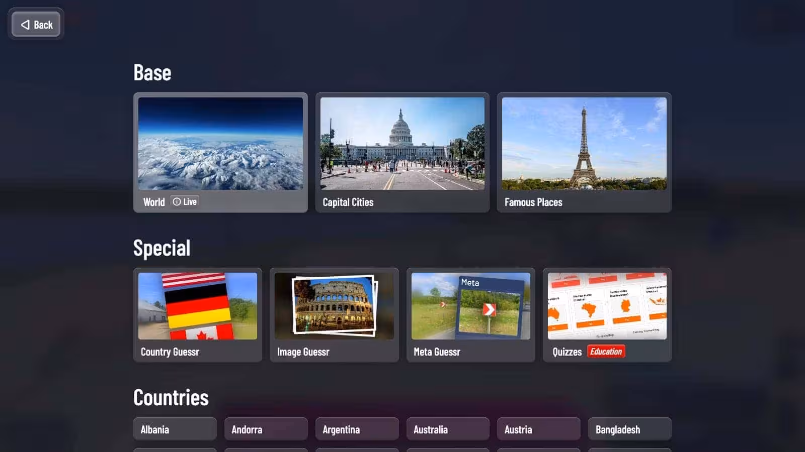 The OpenGuessr map browser with base maps, special modes and a country list