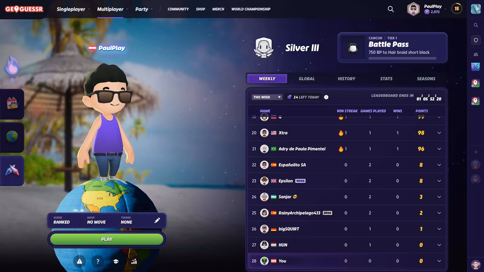 The GeoGuessr multiplayer screen with the ranked queue and weekly leaderboard