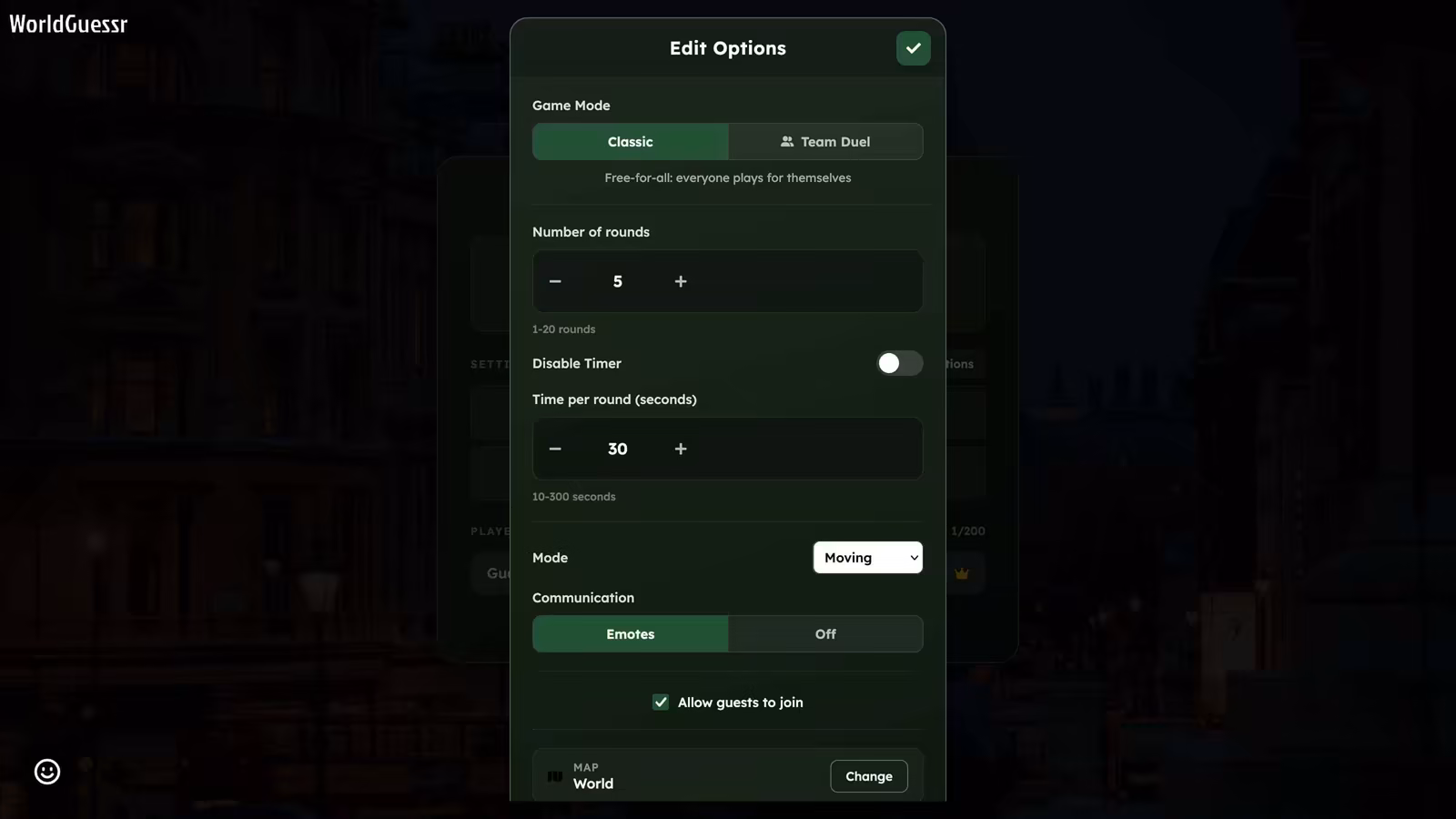 The WorldGuessr party options dialog