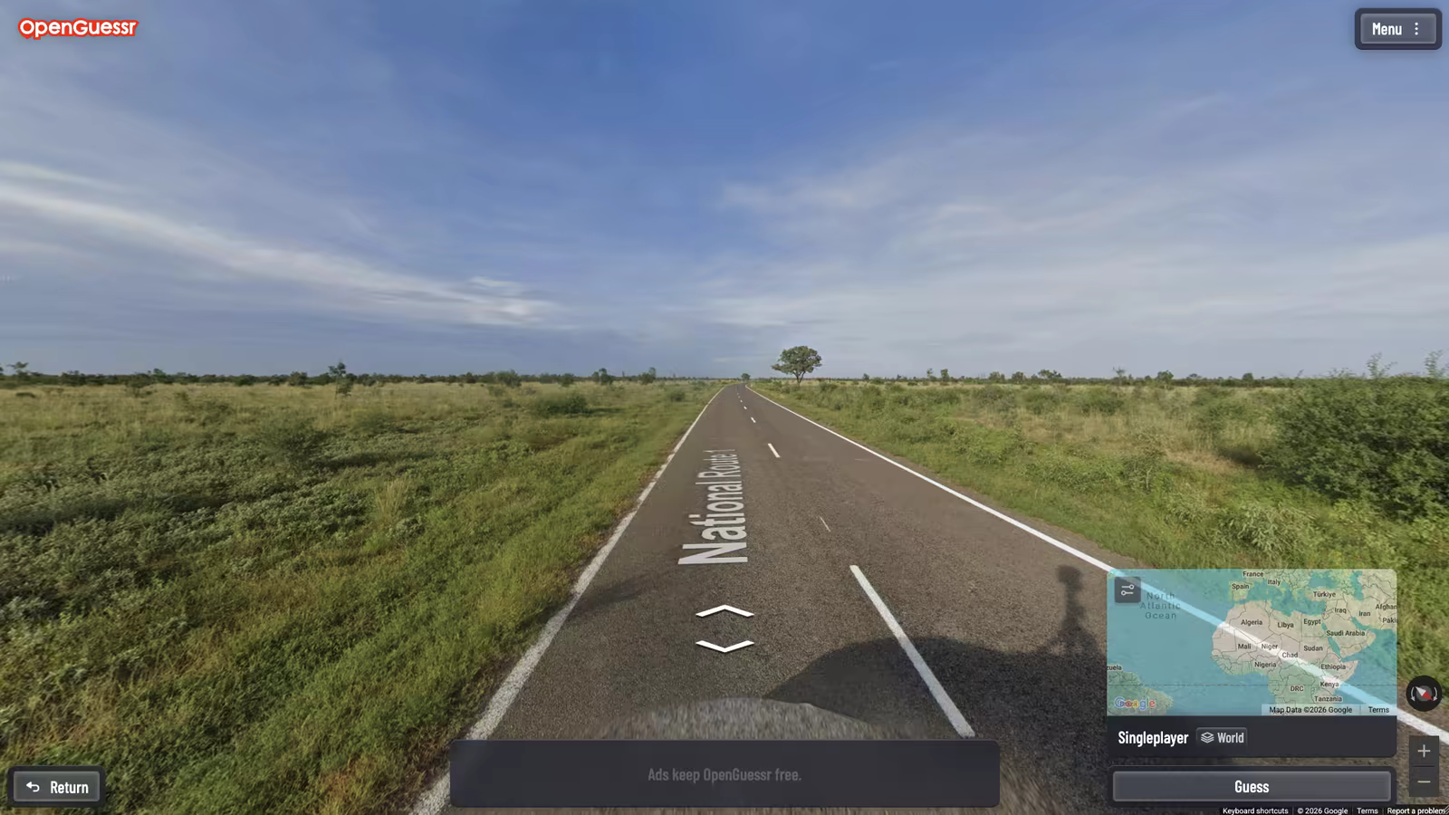 An OpenGuessr round on a straight road through open grassland
