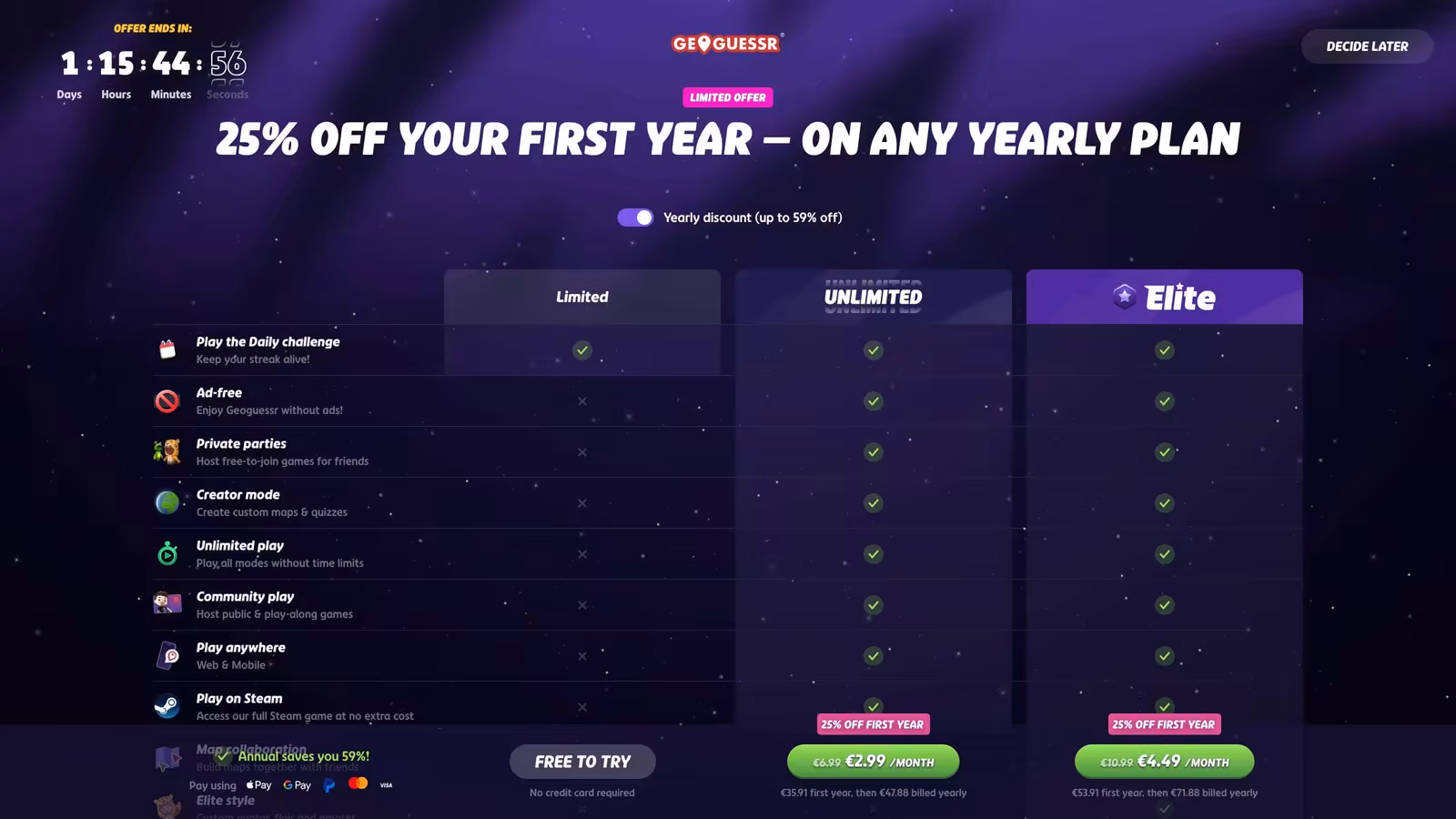 The GeoGuessr pricing page comparing the free and paid plans