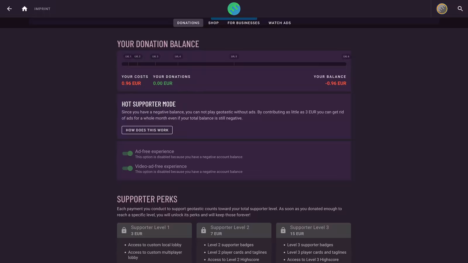 The Geotastic donation page with a cost balance and supporter levels