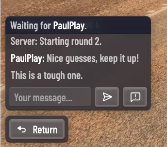 The OpenGuessr in-room chat showing the message Waiting for PaulPlay
