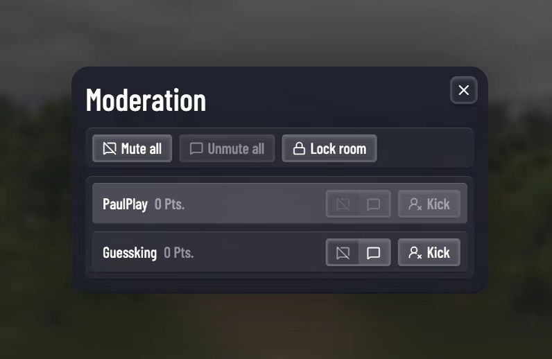The OpenGuessr room moderation panel with mute all, lock room and per-player kick controls